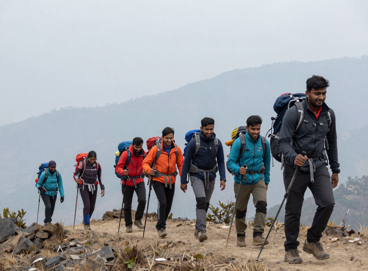 Travellers on a Himalayan ridge