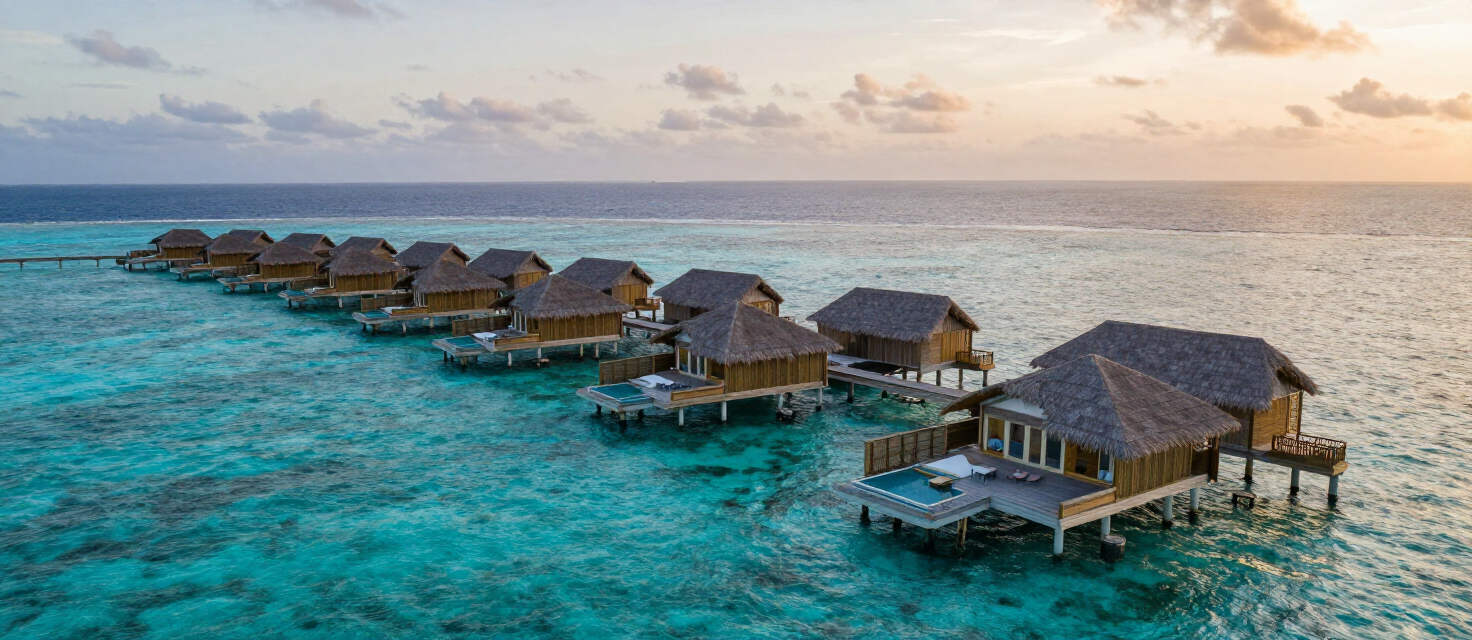 Overwater villas in the Maldives at golden hour